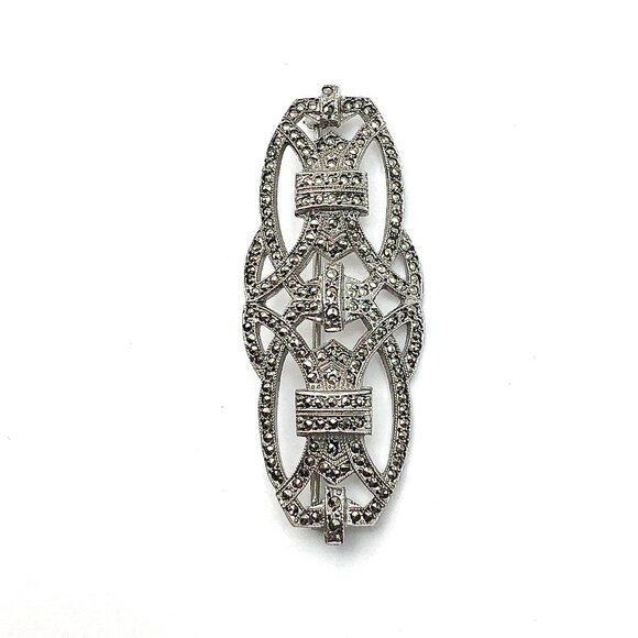 Brooch Sterling Silver Vintage Filigree Style Marcasite Stone Brooch Pin - Picture 3 of 5